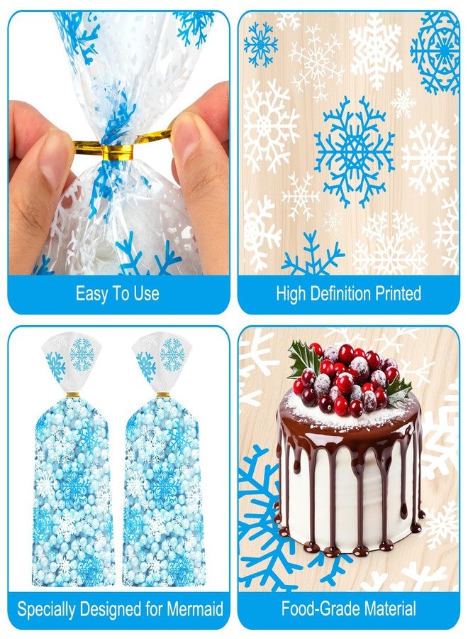 Litmitfu 100 Pcs Winter Snowflake Treat Bags - Christmas Gift Bags, Blue White Plastic Snowflakes Cello Candy Goodie Cookie Snack Cellophane Bag with Twist Ties for Xmas Holiday Winter Wonderland Party Favors - Image 5